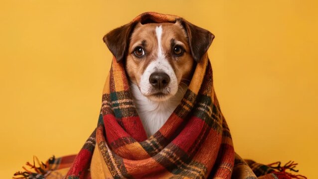 Cute expressive dog wrapped in a colorful plaid blanket against a solid yellow studio background, creating a cozy and endearing portrait with a warm autumn palette.