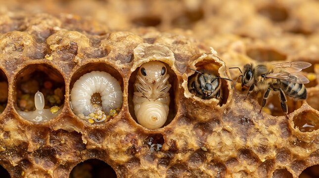 Detailed stages of honey bee development from egg to adult in a honeycomb cell.