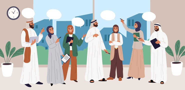 Arab business team. Office workers both men and women wearing Muslim attire, such arafats and hijabs, working together dialogue and discussing project. Vector cartoon isolated illustration
