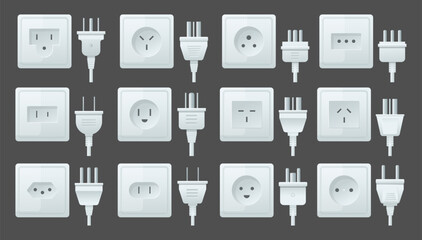 Fototapeta premium Types of outlets and plugs. Electrical connectors. Plastic products for electricity supply. American and European standards. Cable adaptors with various power ports. Sockets vector set