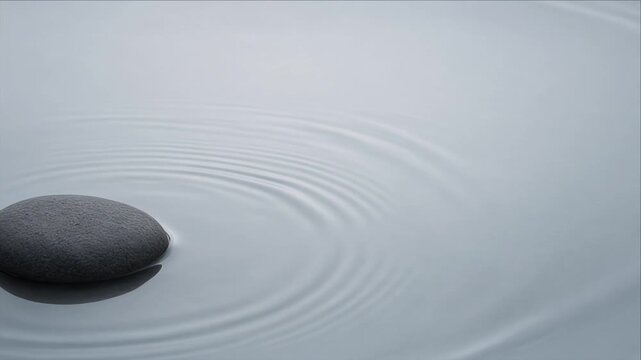 Minimal Top View Smooth Dark Stone Creating Circular Water Ripples with Soft Texture, Calm Background, Gray Tones, Gentle Movement, Tranquil Minimal Design for Relaxing Visuals and SEO Friendly