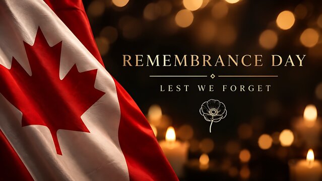 Canada remembrance day banner with dark candle lights bokeh and blurred Canadian flag
