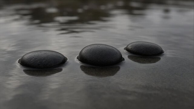 Black Stone Top View Water Texture Minimal Background, Three Smooth Stones in Calm Water, Wet Stone Reflection, Dark Stone River Water with Gentle Ripples and Subdued Natural Texture Scene