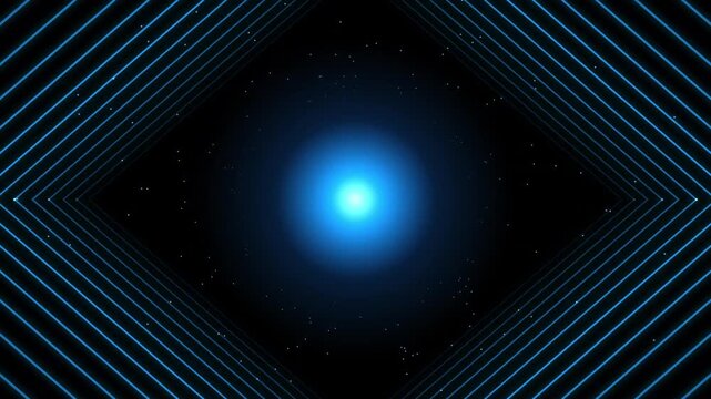 Abstract background with blue glowing neon lines forming a diamond tunnel shape, motion effect, futuristic digital space with star field, high quality 3d render