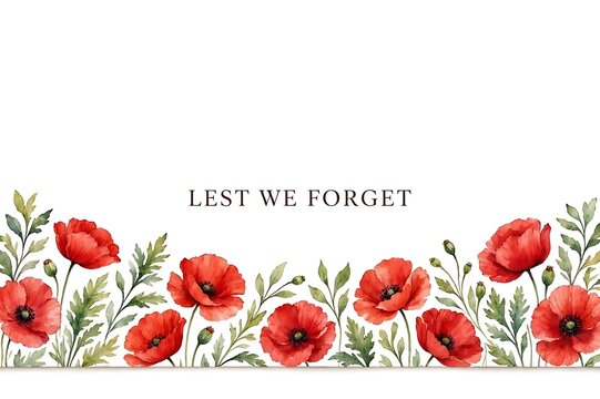 Watercolor remembrance day horizontal border with blooming red poppies and green grass