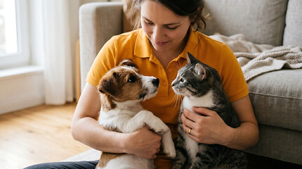 Naklejka na ściany i meble Woman holding puppy and cat together indoors