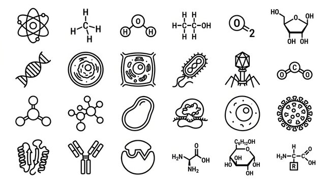 Collection of black and white icons representing various biological and chemical concepts.