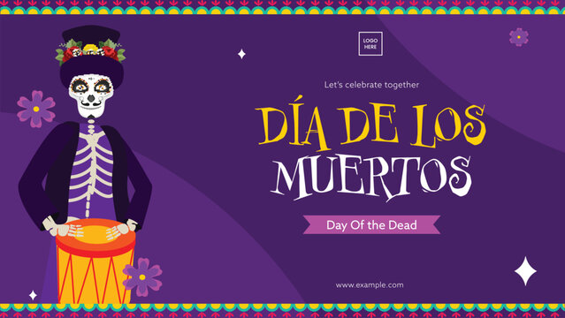 Day of the Dead (Dia de los Muertos) Festival Banner Design with Skeleton Man Drummer.