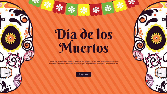 Day of the Dead (Dia de los Muertos) Celebration Banner Design with Colorful Sugar Skulls.
