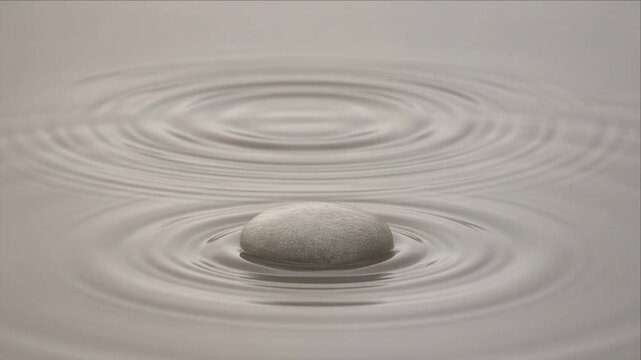 Minimal top view of smooth stone creating circular ripple texture on calm water background, peaceful abstract scene with soft neutral tones, quiet balance, natural harmony, and serene composition