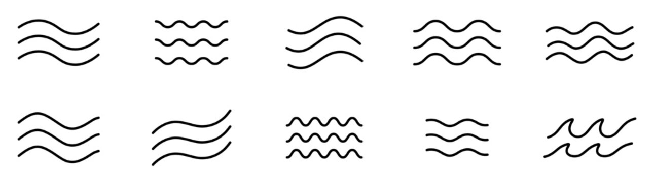 Water Wave Line Symbols and Sea Wave Elements Set for Ocean, Marine and Water Designs
