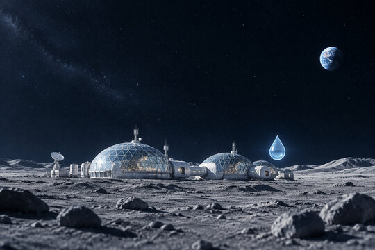 Lunar base habitat domes on moon surface, scarce water resource concept