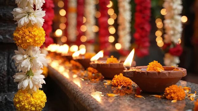 Traditional Diwali oil lamps decorate a temple with flowers as background, Diwali festival of lights celebration concept in India