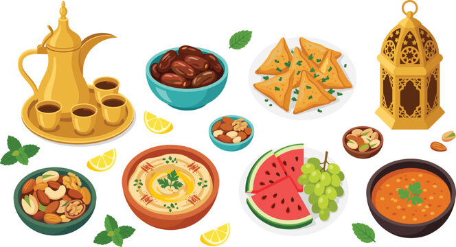 Traditional Ramadan Iftar Food Vector Illustration Set Featuring Arabic Coffee Dates Samosa Hummus Fruits and Lantern for Islamic Fasting Celebration Designs