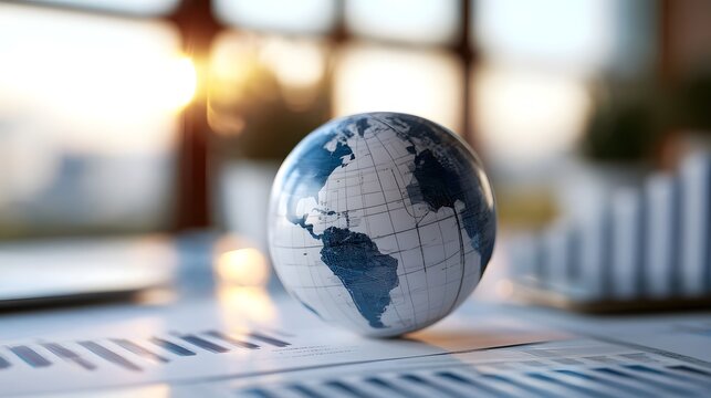 A small globe rests on documents with charts  illuminated by warm sunlight streaming through a window in a modern office setting