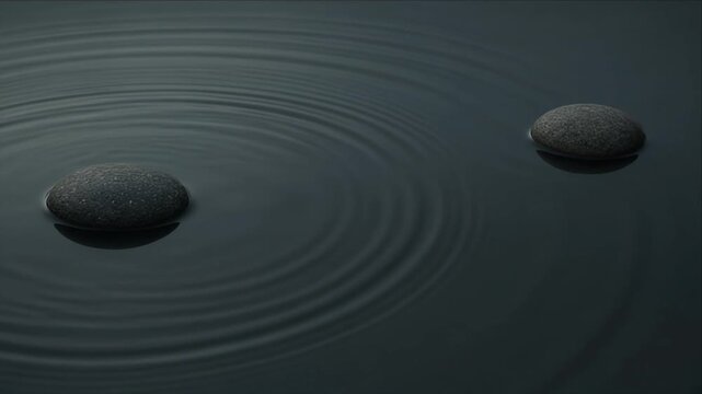 Dark stone water ripple minimal top view texture background smooth stone black stone pebble surrounded by still water, calming circular wave patterns, peaceful negative space, abstract meditation