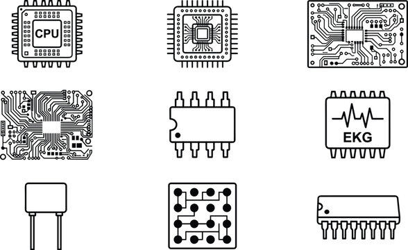 Microchip microelectronics technology circuit board elements thin line icon set computer processor electronic component hardware collection.