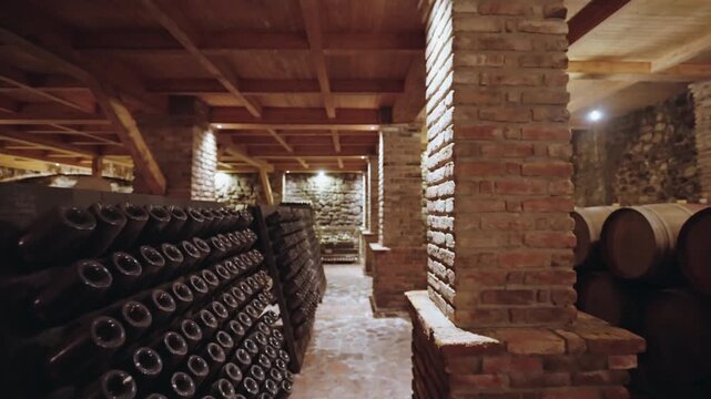 Riddling racks of sparkling wine and rows of oak barrels line the brick pillars of a vaulted stone cellar in Kakheti.