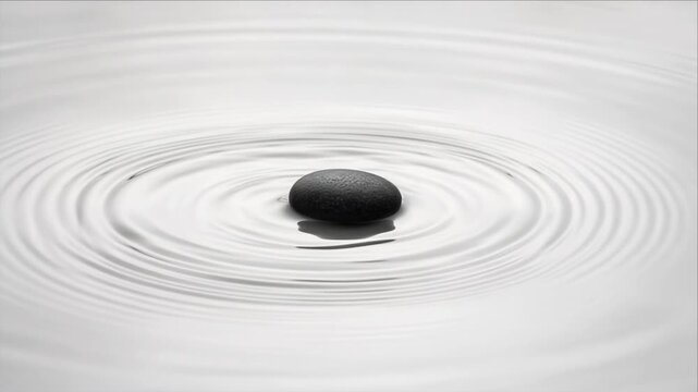 Minimal Top View Smooth Black Stone Floating on Water with Circular Ripple Texture, Monochrome Background, Serene Abstract Surface, Calm Reflective Balance and Peaceful Atmosphere