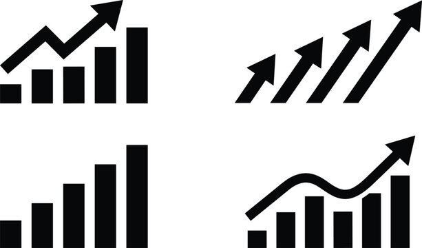 Progressive growth bar charts pack displaying rising financial revenue waves and multiple diagonal upward arrows vector.