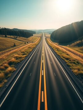 Zenith perspective of a sun-drenched highway, a minimalist statement of passage across an unblemished, verdant plain,  modern,  asphalt