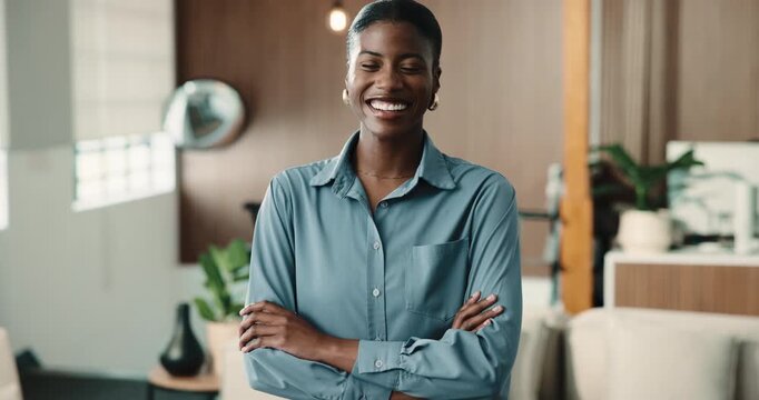 Face, laugh and black woman in business with confidence, career satisfaction and wealth consultant. Arms folded, happy female person and funny investment advisor with positive attitude in office
