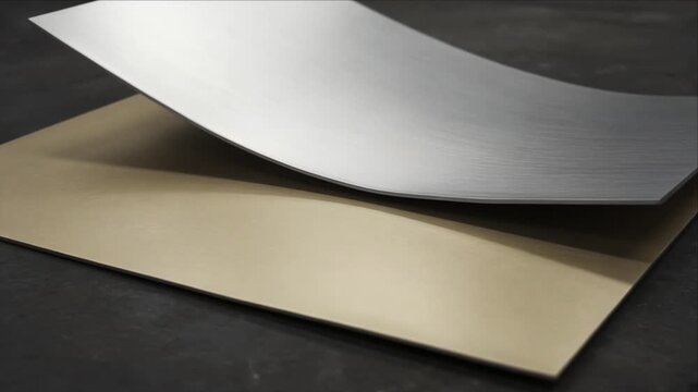 Minimal top view of curved silver metal sheet over beige paper and panel, brushed texture against dark background, layered geometric composition with soft shadow and modern industrial material