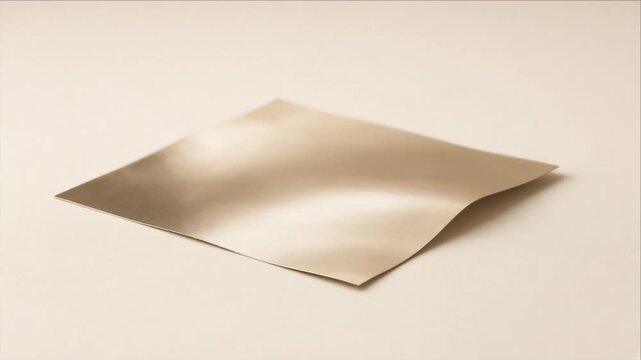 Minimal top view of curled beige paper sheet with soft texture, warm shadow, neutral background, gentle depth, elegant abstract composition, refined metallic surface, clean design use
