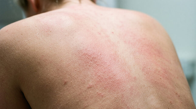 Severe Heat Rash and Raised Red Goosebumps on Bare Human Upper Back in Clinic