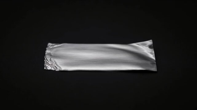 Silver foil strip with wrinkled edge and ripple texture, minimal black background, abstract reflective surface featuring flowing metallic wave patterns and dramatic contrast top view composition