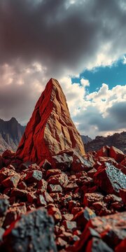 Uplifted ore, a tangible apex against charting skies of booming commerce Vivid, high-contrast scene ,  straight on,  vibrant