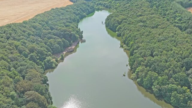 Newmillerdam lake extends between wooded slopes and arable farmland within Newmillerdam Country Park, Wakefield, West Yorkshire, with a broadleaf woodland setting, drone descent