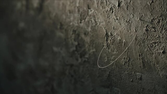 Minimal top view of rough gray concrete texture dark background with curved line and subtle circular mark, creating abstract surface detail, moody atmosphere, and mysterious architectural design