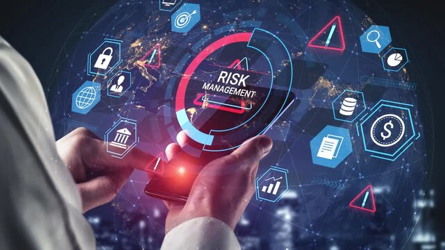 Hands Holding Smartphone Displaying Risk Management Concept with Digital Icons Representing Security, Finance, and Data Analytics in Modern Virtual Environment. Entropy.