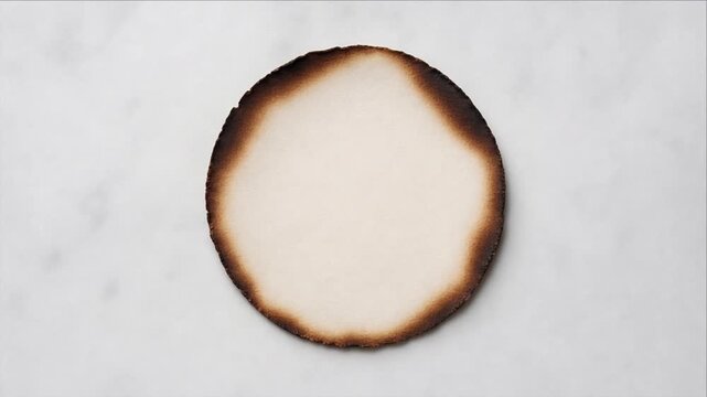 Burned paper circle, minimal top view with charred edge texture, round toasted bread slice, crisp brown rim, soft pale texture, scorched surface, neutral background, simple rustic food composition