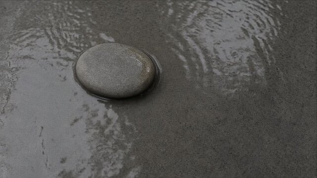 Minimal top view of smooth stone on wet dark surface with natural texture, soft reflection, subtle water ripple, calm neutral background, and peaceful abstract atmosphere for meditation spa design