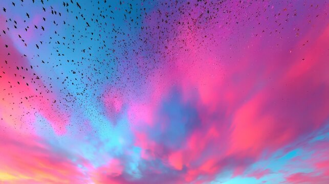 Flocks of small birds fly across a vibrant sunset sky filled with pink and blue clouds.
