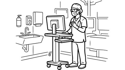 Fototapeta premium A medical professional wearing scrubs and a mask working on a computer at a mobile workstation in a hospital room, A black and white line drawing depicting a healthcare worker in scrubs, a surgical ma