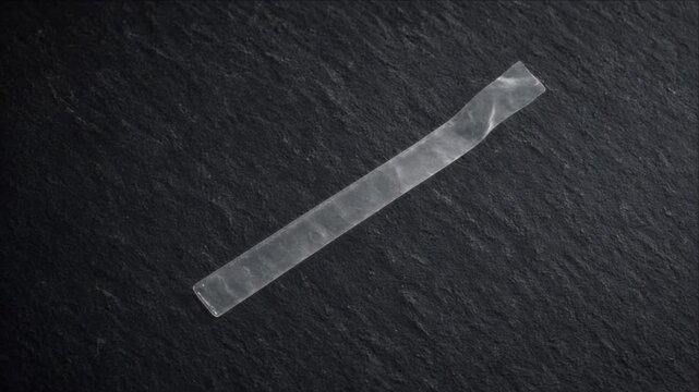 Clear Plastic Strip Top View with Crinkled Texture on Dark Slate Background, Minimal Transparent Rectangle Material Study for Neutral Workspace and SEO Friendly Visual Design