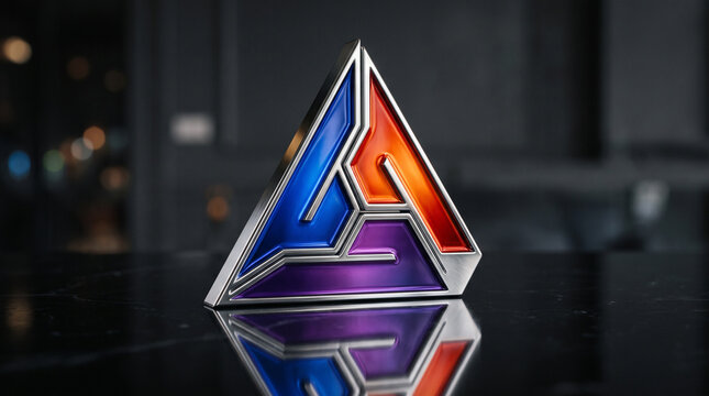 A metallic triangular logo featuring three interlocking sections in blue, orange, and purple, resting on a reflective black surface