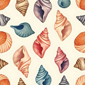 Watercolor spiral seashells seamless pattern on cream background, vintage ocean conch shells texture, marine beach pattern, nautical fabric print, paper digital art.