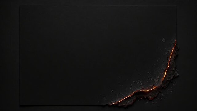 Minimal top view charred surface, black paper texture with glowing fissure, orange ember edge, rough texture, dark abstract background, burnt damage, dramatic copy space for design and SEO content