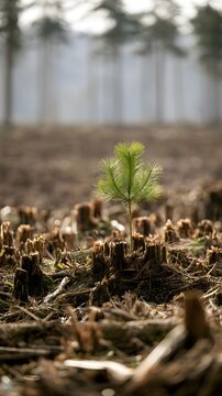 Young pine tree growing among wood stumps in deforested land