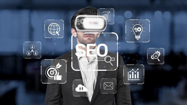 A business professional engages with virtual reality to elevate search engine optimization strategies, showcasing innovation and modern technology in the corporate environment. Raster