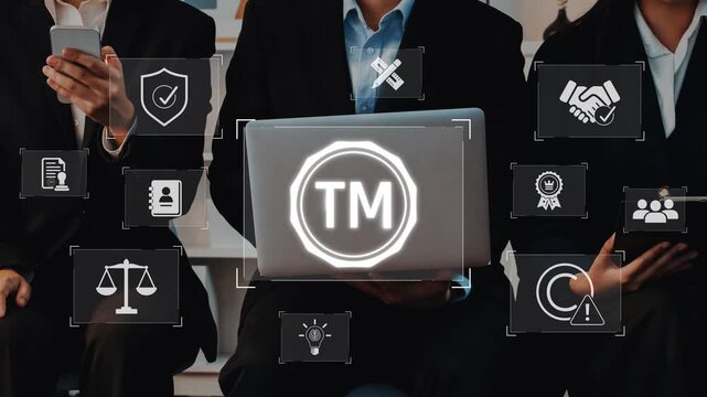 A group of business professionals engaged in trademark registration, highlighted by digital icons representing legal protection and intellectual property management strategies. Raster