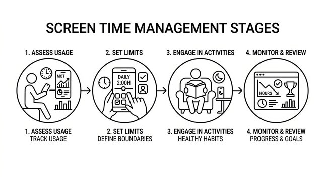 Illustrated infographic showing stages of effective screen time management for productivity.
