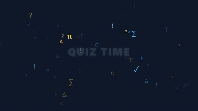 Animated Quiz Time Typography with Floating Mathematical Symbols and Punctuation on Dark Background