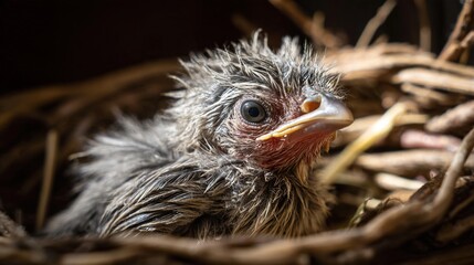 Fototapeta premium hatchling. Newborn bird with damp downy feathers nestled in a warm woven nest. wildlife magazines, conservation campaigns, designed for wildlife conservation campaigns, supports conservation.