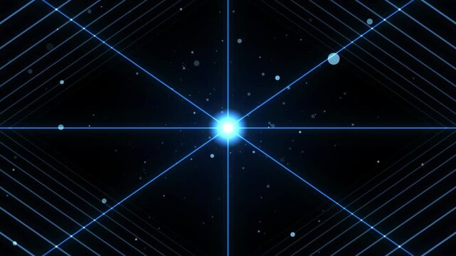 Abstract blue glowing starburst with lines and particles on a dark background