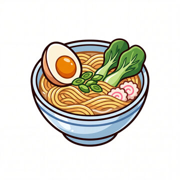 2D Cartoon Noodle Bowl with Egg and Vegetables Illustration